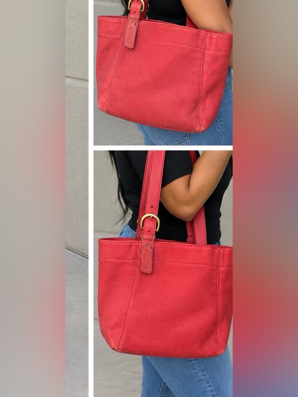 Coach Red Leather vintage Tote with Gold Hardware Accent
